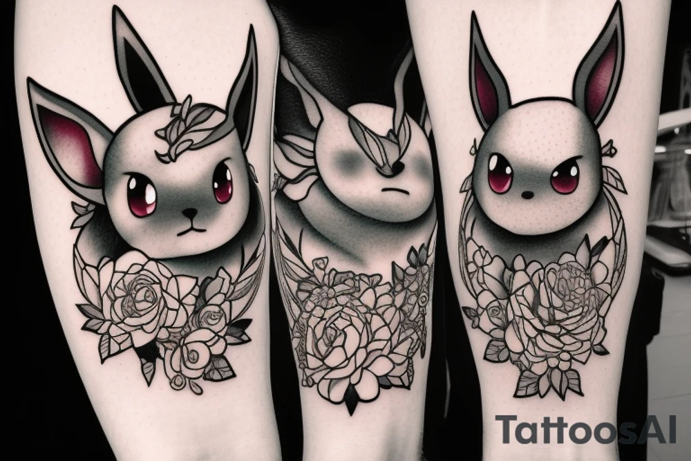 Eevee with flowers and a pocket watch reading 4:15 in neo traditional scrolls and artistic lines and dots. Watch chain wrapping around. Arm piece tattoo idea