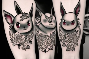 Eevee with flowers and a pocket watch reading 4:15 in neo traditional scrolls and artistic lines and dots. Watch chain wrapping around. Arm piece tattoo idea
