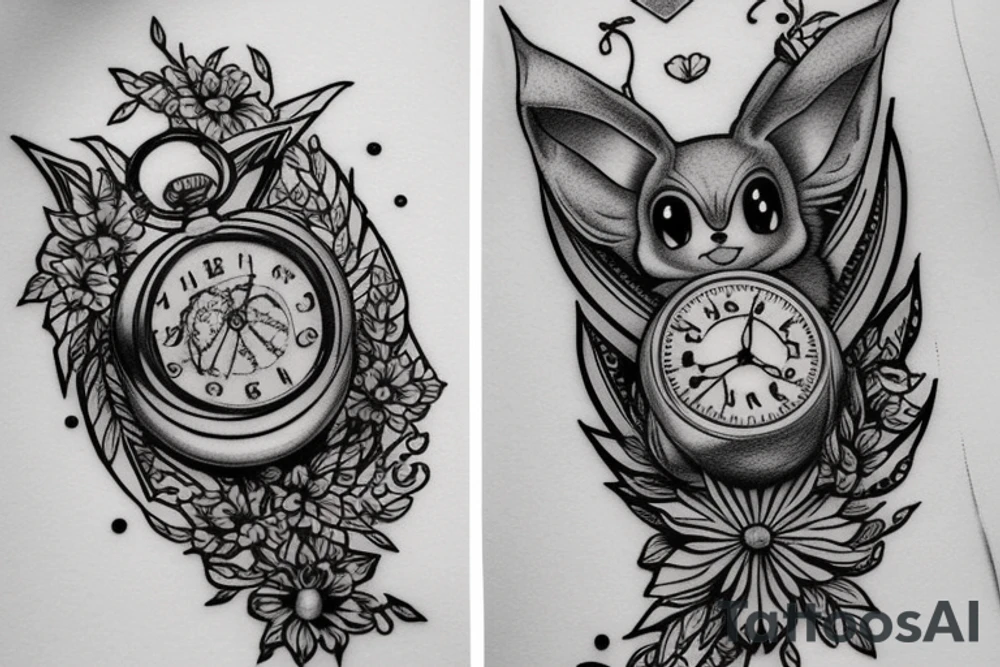 Eevee with flowers and a pocket watch reading 4:15 in neo traditional scrolls and artistic lines and dots. Watch chain wrapping around. Arm piece tattoo idea