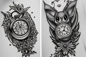 Eevee with flowers and a pocket watch reading 4:15 in neo traditional scrolls and artistic lines and dots. Watch chain wrapping around. Arm piece tattoo idea