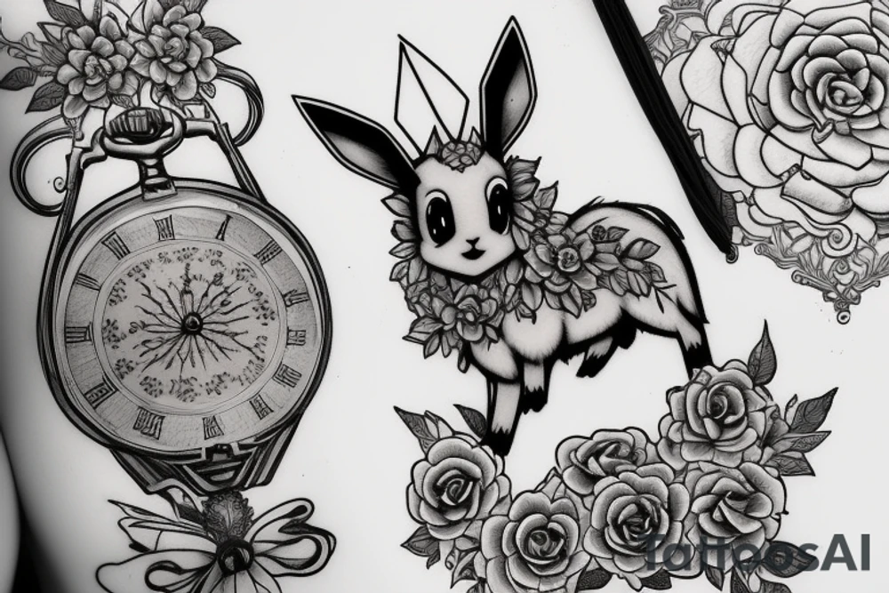 Eevee with flowers and a pocket watch reading 4:15 in neo traditional scrolls and artistic lines and dots. Watch chain wrapping around. Arm piece tattoo idea