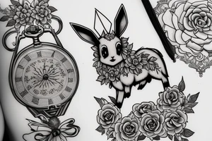 Eevee with flowers and a pocket watch reading 4:15 in neo traditional scrolls and artistic lines and dots. Watch chain wrapping around. Arm piece tattoo idea