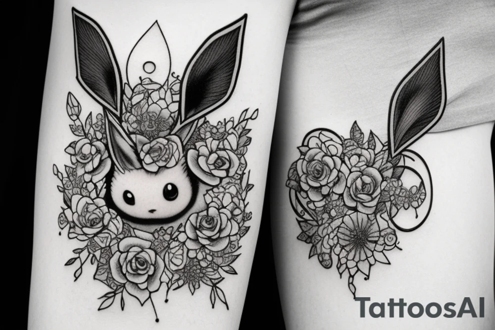 Eevee with flowers and a pocket watch reading 4:15 in neo traditional scrolls and artistic lines and dots. Watch chain wrapping around. Arm piece tattoo idea
