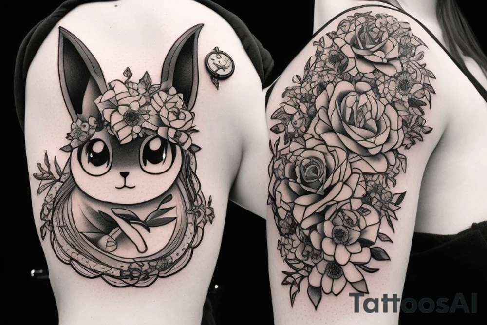 Eevee with flowers and a pocket watch reading 4:15 in neo traditional scrolls and artistic lines and dots. Watch chain wrapping around. Arm piece tattoo idea