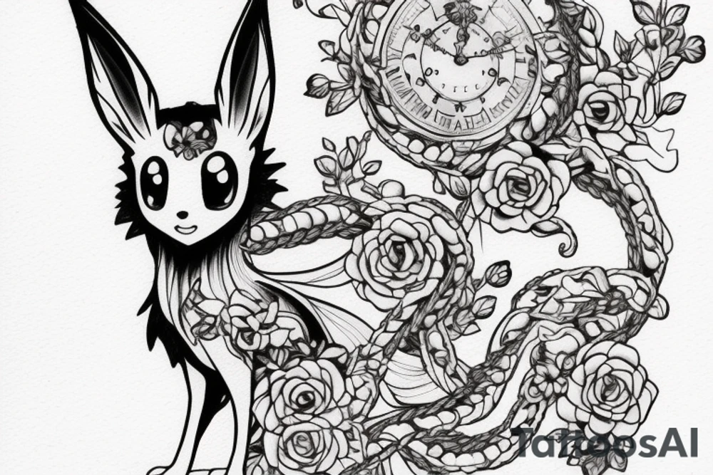 Eevee with flowers and a pocket watch reading 4:15 in neo traditional scrolls and artistic lines and dots. Watch chain wrapping around. Arm piece tattoo idea