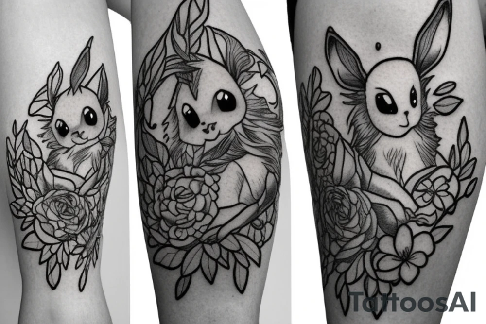 Eevee with flowers and a pocket watch reading 4:15 in neo traditional scrolls and artistic lines and dots. Watch chain wrapping around. Arm piece tattoo idea