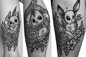 Eevee with flowers and a pocket watch reading 4:15 in neo traditional scrolls and artistic lines and dots. Watch chain wrapping around. Arm piece tattoo idea