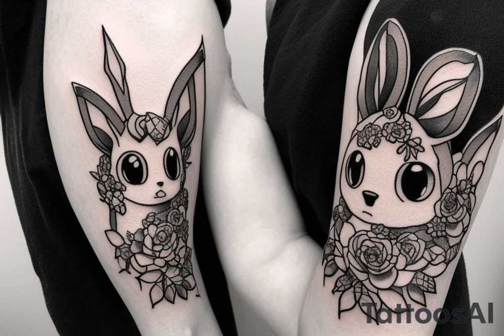 Eevee with flowers and a pocket watch reading 4:15 in neo traditional scrolls and artistic lines and dots. Watch chain wrapping around. Arm piece tattoo idea