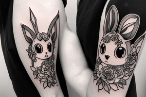 Eevee with flowers and a pocket watch reading 4:15 in neo traditional scrolls and artistic lines and dots. Watch chain wrapping around. Arm piece tattoo idea