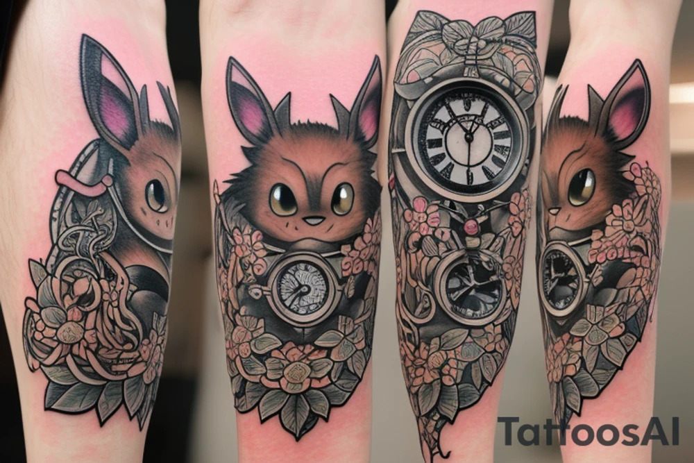 Eevee with flowers and a pocket watch reading 4:15 in neo traditional scrolls with artistic lines and dots. Watch chain wrapping around. Arm piece tattoo idea
