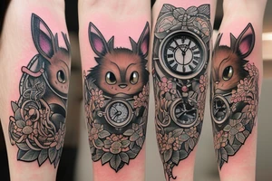 Eevee with flowers and a pocket watch reading 4:15 in neo traditional scrolls with artistic lines and dots. Watch chain wrapping around. Arm piece tattoo idea