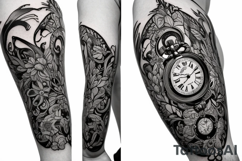 Eevee with flowers and a pocket watch reading 4:15 in neo traditional scrolls with artistic lines and dots. Watch chain wrapping around. Arm piece tattoo idea