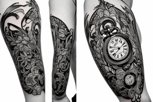 Eevee with flowers and a pocket watch reading 4:15 in neo traditional scrolls with artistic lines and dots. Watch chain wrapping around. Arm piece tattoo idea