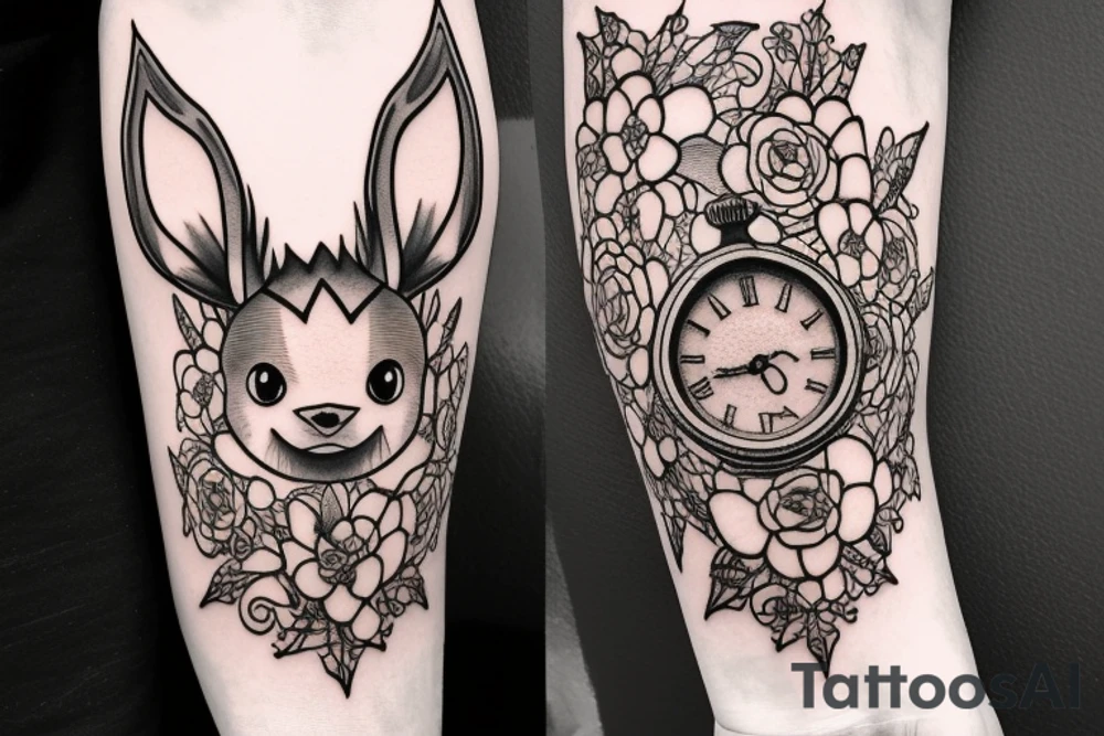 Eevee with flowers and a pocket watch reading 4:15 in neo traditional scrolls with artistic lines and dots. Watch chain wrapping around. Arm piece tattoo idea