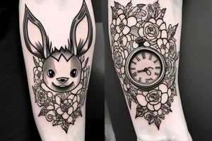 Eevee with flowers and a pocket watch reading 4:15 in neo traditional scrolls with artistic lines and dots. Watch chain wrapping around. Arm piece tattoo idea