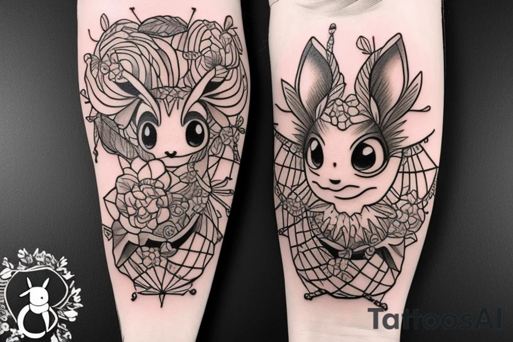 Eevee with flowers and a pocket watch reading 4:15 in neo traditional scrolls with artistic lines and dots. Watch chain wrapping around. Arm piece tattoo idea