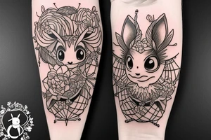 Eevee with flowers and a pocket watch reading 4:15 in neo traditional scrolls with artistic lines and dots. Watch chain wrapping around. Arm piece tattoo idea