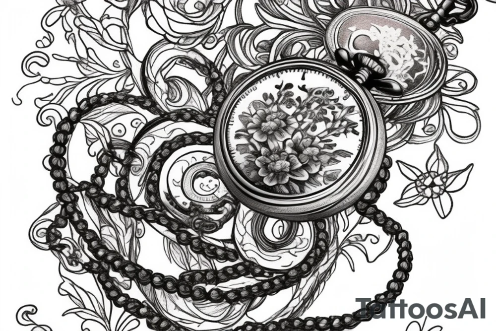 Eevee with flowers and a pocket watch reading 4:15 in neo traditional scrolls with artistic lines and dots. Watch chain wrapping around. Arm piece tattoo idea