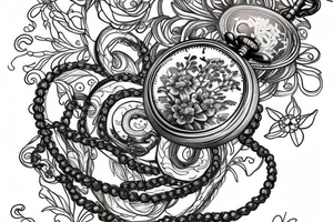 Eevee with flowers and a pocket watch reading 4:15 in neo traditional scrolls with artistic lines and dots. Watch chain wrapping around. Arm piece tattoo idea
