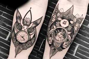 Eevee with flowers and a pocket watch reading 4:15 in neo traditional scrolls with artistic lines and dots. Watch chain wrapping around. Arm piece tattoo idea