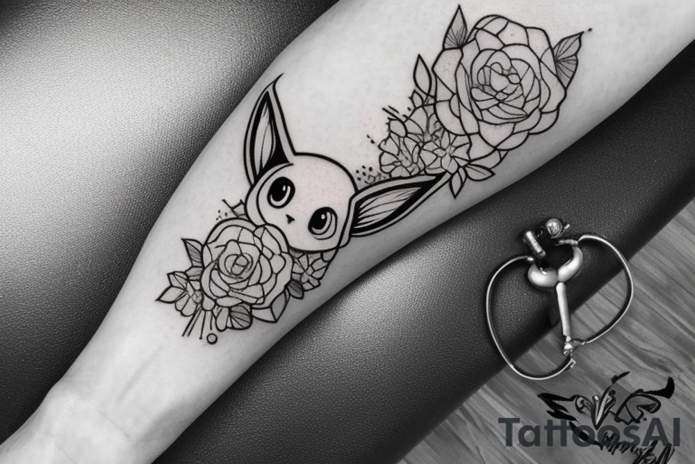 Arm piece of Eevee smiling with flowers surrounding it with a pocket watch chain wrapping around the whole. Artistic simple lines and dots tattoo idea