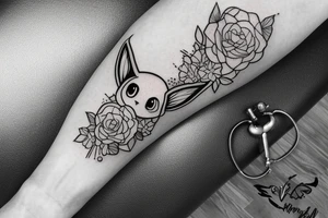 Arm piece of Eevee smiling with flowers surrounding it with a pocket watch chain wrapping around the whole. Artistic simple lines and dots tattoo idea