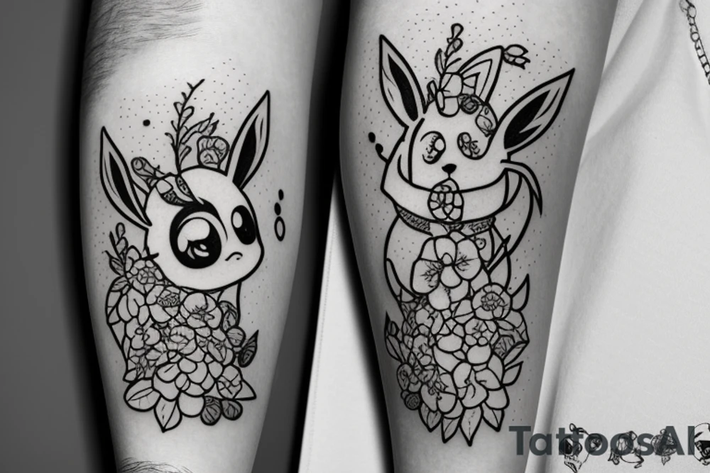 Arm piece of Eevee smiling with flowers surrounding it with a pocket watch chain wrapping around the whole. Artistic simple lines and dots tattoo idea