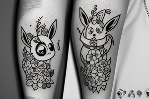 Arm piece of Eevee smiling with flowers surrounding it with a pocket watch chain wrapping around the whole. Artistic simple lines and dots tattoo idea