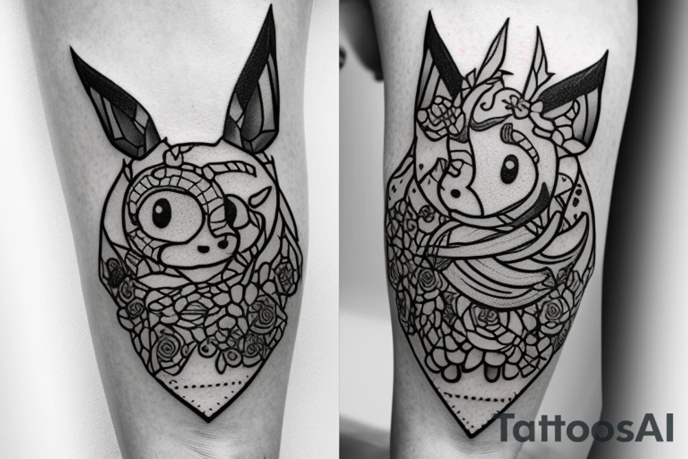 Arm piece of Eevee smiling with flowers surrounding it with a pocket watch chain wrapping around the whole. Artistic simple lines and dots tattoo idea