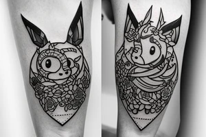 Arm piece of Eevee smiling with flowers surrounding it with a pocket watch chain wrapping around the whole. Artistic simple lines and dots tattoo idea