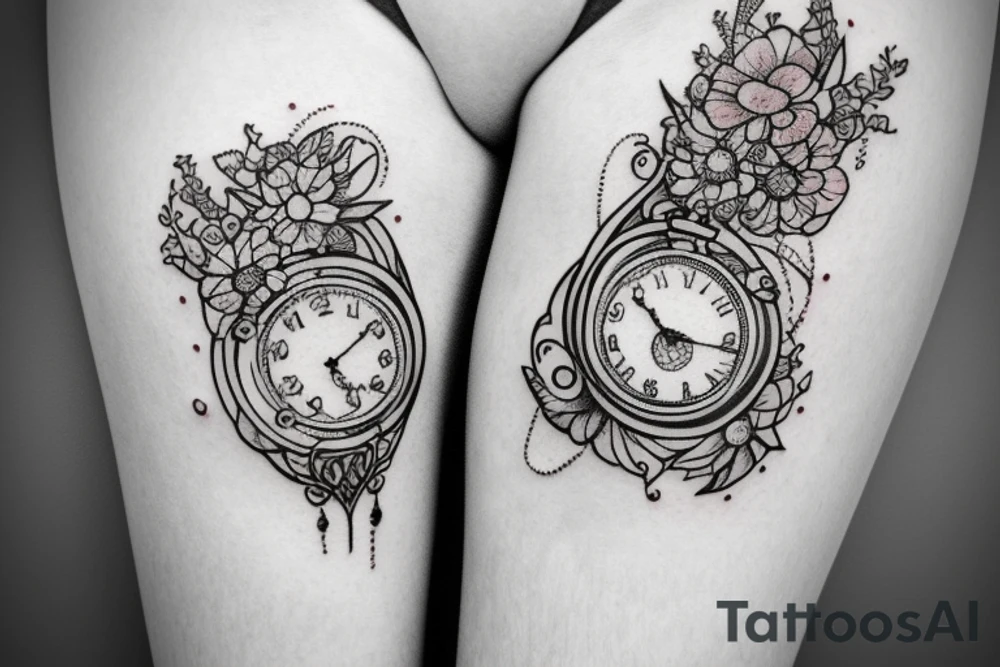Arm piece of Eevee smiling with flowers surrounding it with a pocket watch chain wrapping around the whole. Artistic simple lines and dots tattoo idea