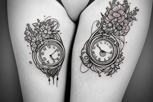 Arm piece of Eevee smiling with flowers surrounding it with a pocket watch chain wrapping around the whole. Artistic simple lines and dots tattoo idea