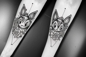 Arm piece of Eevee smiling with flowers surrounding it with a pocket watch chain wrapping around the whole. Artistic simple lines and dots tattoo idea