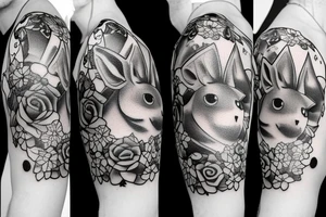 Arm piece of Eevee smiling with flowers surrounding it with a pocket watch chain wrapping around the whole. Artistic simple lines and dots tattoo idea