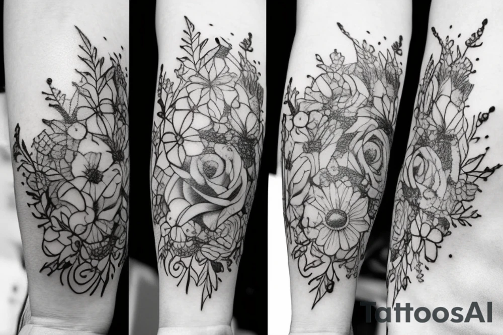 Arm piece of Eevee smiling with flowers surrounding it with a pocket watch chain wrapping around the whole. Artistic simple lines and dots tattoo idea