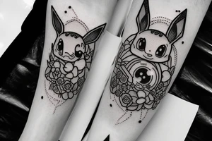 Arm piece of Eevee smiling with flowers surrounding it with a pocket watch chain wrapping around the whole. Artistic simple lines and dots tattoo idea