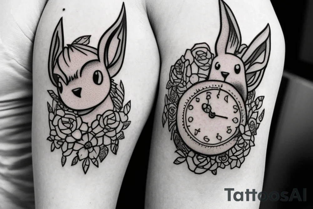 Arm piece of Eevee smiling with flowers surrounding it with a pocket watch chain wrapping around the whole. Artistic simple lines and dots tattoo idea