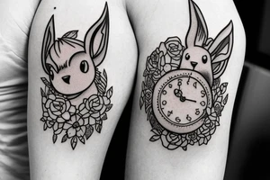 Arm piece of Eevee smiling with flowers surrounding it with a pocket watch chain wrapping around the whole. Artistic simple lines and dots tattoo idea