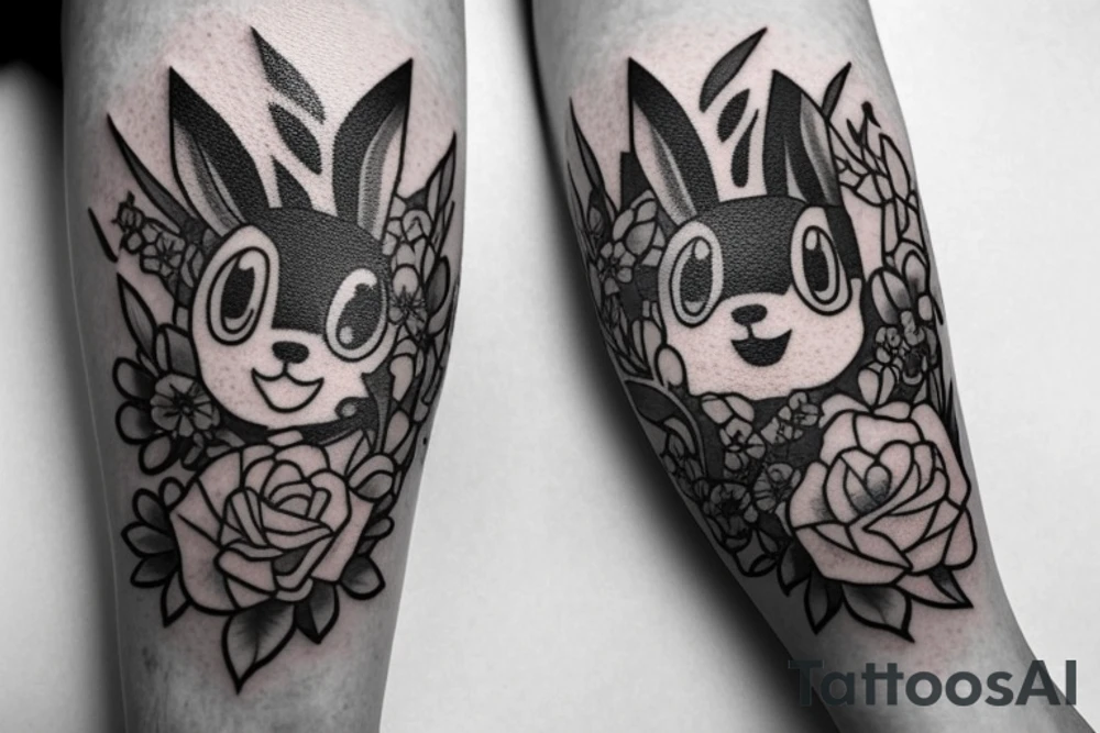 Arm piece of Eevee smiling with flowers surrounding it with a pocket watch chain wrapping around the whole. Artistic simple lines and dots tattoo idea