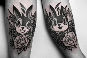 Arm piece of Eevee smiling with flowers surrounding it with a pocket watch chain wrapping around the whole. Artistic simple lines and dots tattoo idea