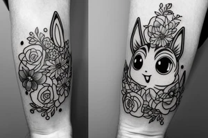 Arm piece of Eevee smiling with flowers surrounding it with a pocket watch chain wrapping around the whole. Artistic simple lines and dots tattoo idea