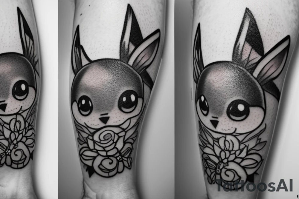 Arm piece of Eevee smiling with flowers surrounding it with a pocket watch chain wrapping around the whole. Artistic simple lines and dots tattoo idea