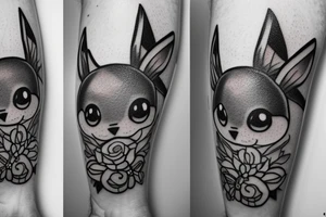 Arm piece of Eevee smiling with flowers surrounding it with a pocket watch chain wrapping around the whole. Artistic simple lines and dots tattoo idea