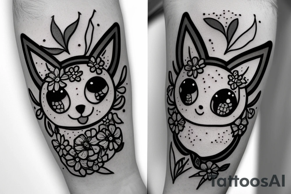 Arm piece of Eevee smiling with flowers surrounding  and picture frame.Artistic simple lines and dots tattoo idea