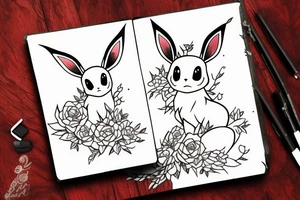 Eevee with flowers around. Old Picture frame. Dots and lines tattoo idea