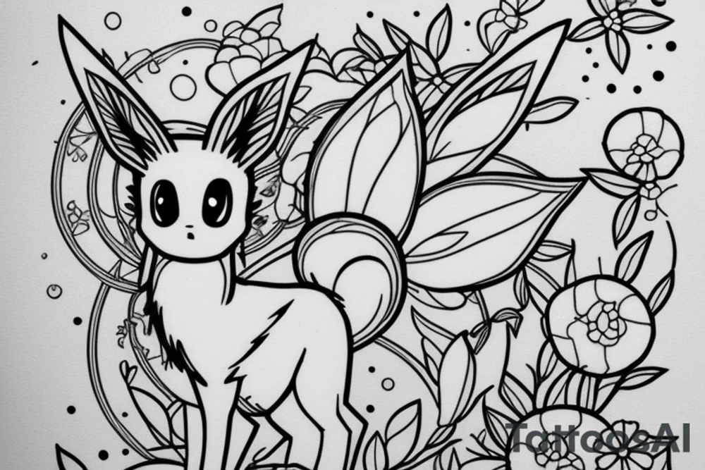 Eevee with flowers around. Old Picture frame. Dots and lines tattoo idea