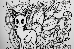 Eevee with flowers around. Old Picture frame. Dots and lines tattoo idea