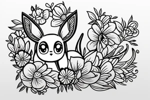 Eevee with flowers around. Old Picture frame. Dots and lines tattoo idea