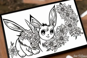 Eevee with flowers around. Old Picture frame. Dots and lines tattoo idea