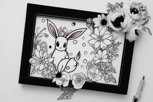 Eevee with flowers around. Old Picture frame. Dots and lines tattoo idea